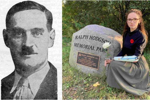 War Amps CHAMP kneeling at Ralph Hodgson memorial